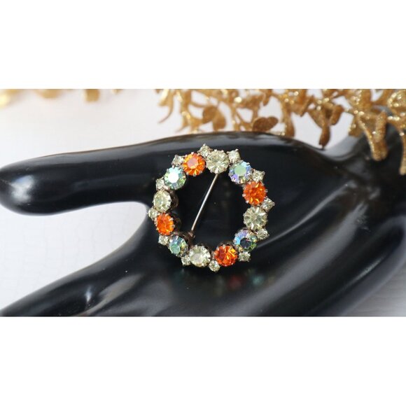 Vintage Rhinestone Brooch Orange & Aurora Borealis Rhinestones Pin - Picture 1 of 4
